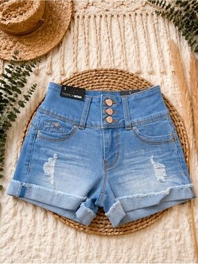 Fashion Nova Light Blue High-Waist Distressed Denim Shorts